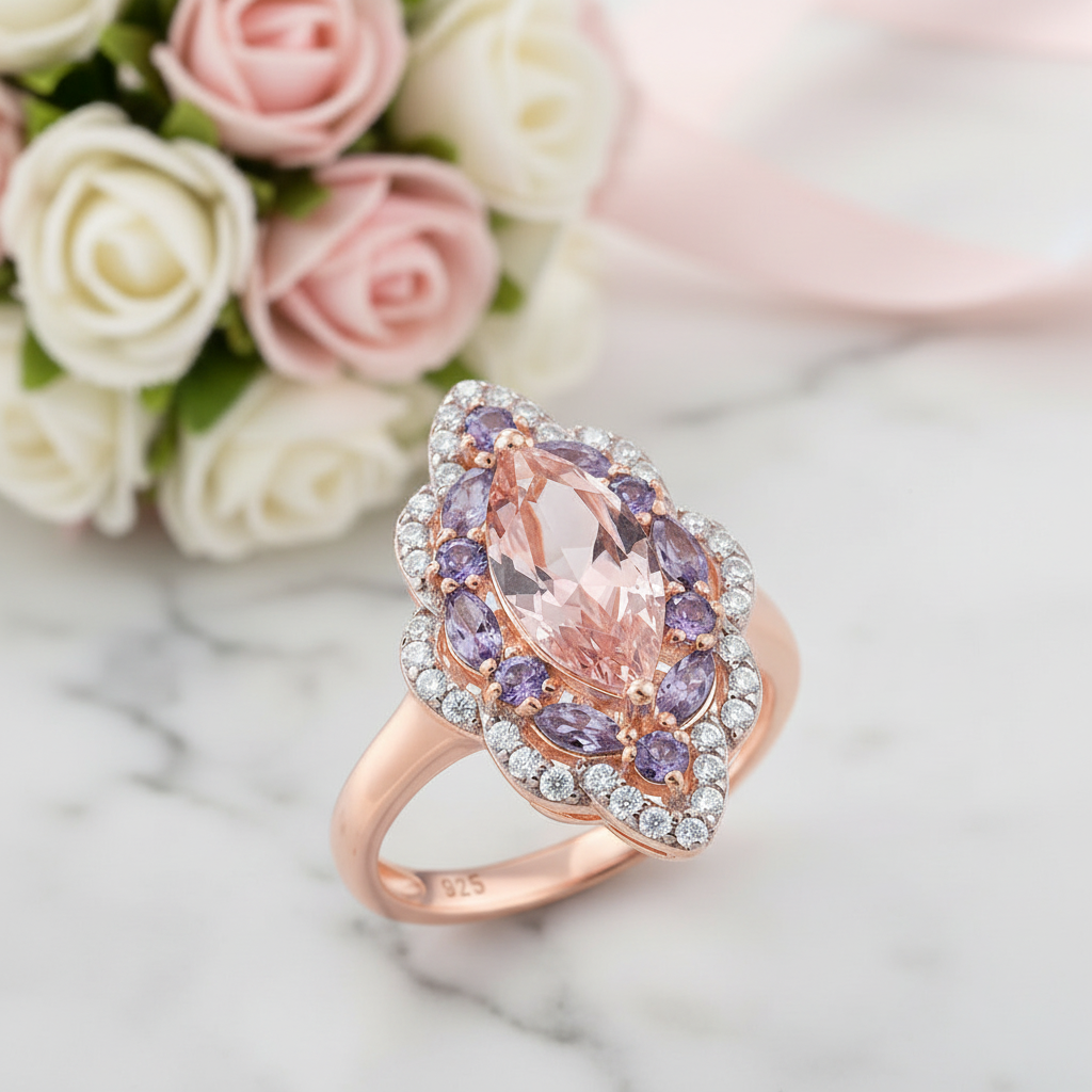 Vintage Marquise-cut Morganite Halo Engagement Ring-Black Diamonds New York