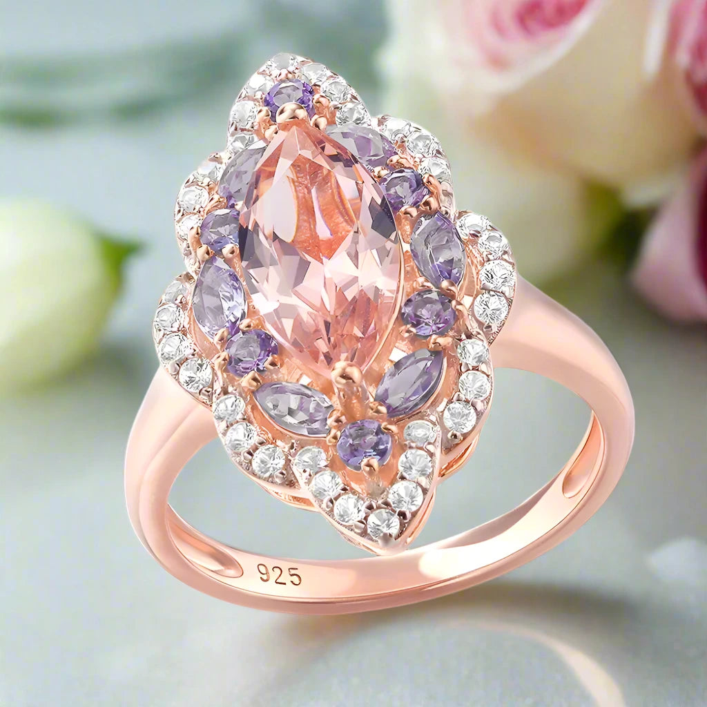Vintage Marquise-cut Morganite Halo Engagement Ring-Black Diamonds New York