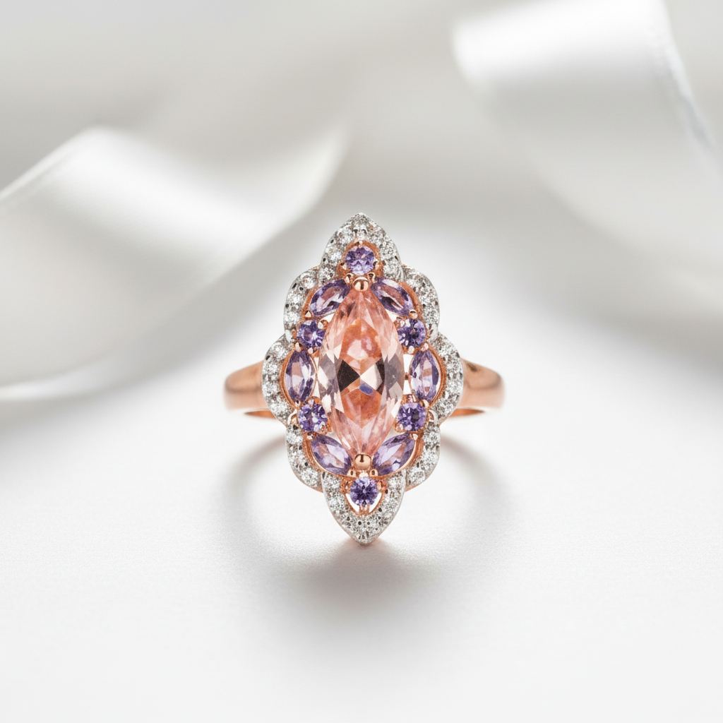 Vintage Marquise-cut Morganite Halo Engagement Ring-Black Diamonds New York