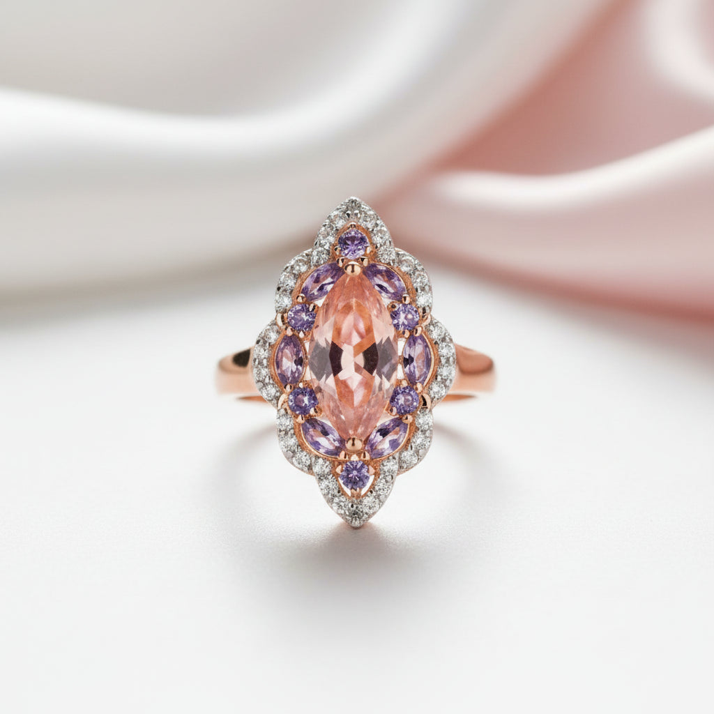 Vintage Marquise-cut Morganite Halo Engagement Ring-Black Diamonds New York