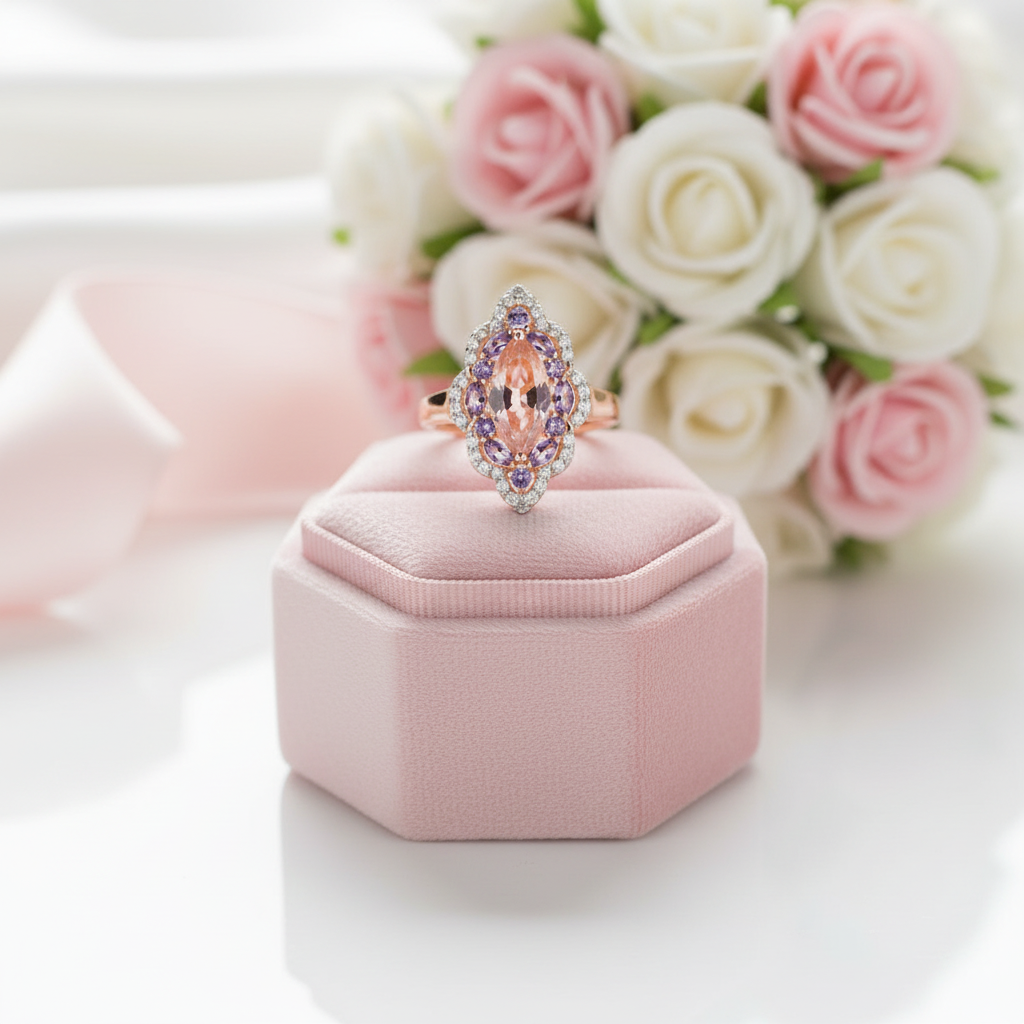 Vintage Marquise-cut Morganite Halo Engagement Ring-Black Diamonds New York