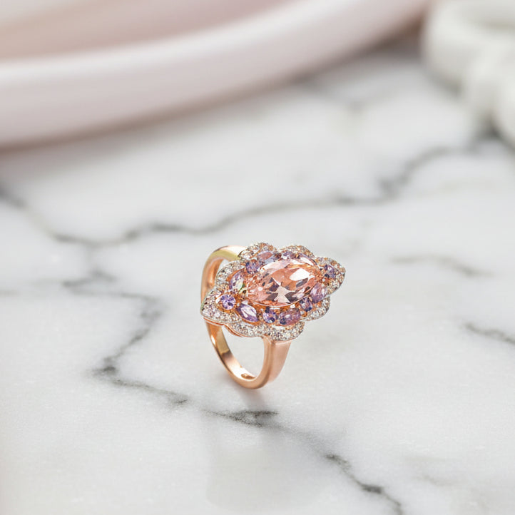 Vintage Marquise-cut Morganite Halo Engagement Ring-Black Diamonds New York