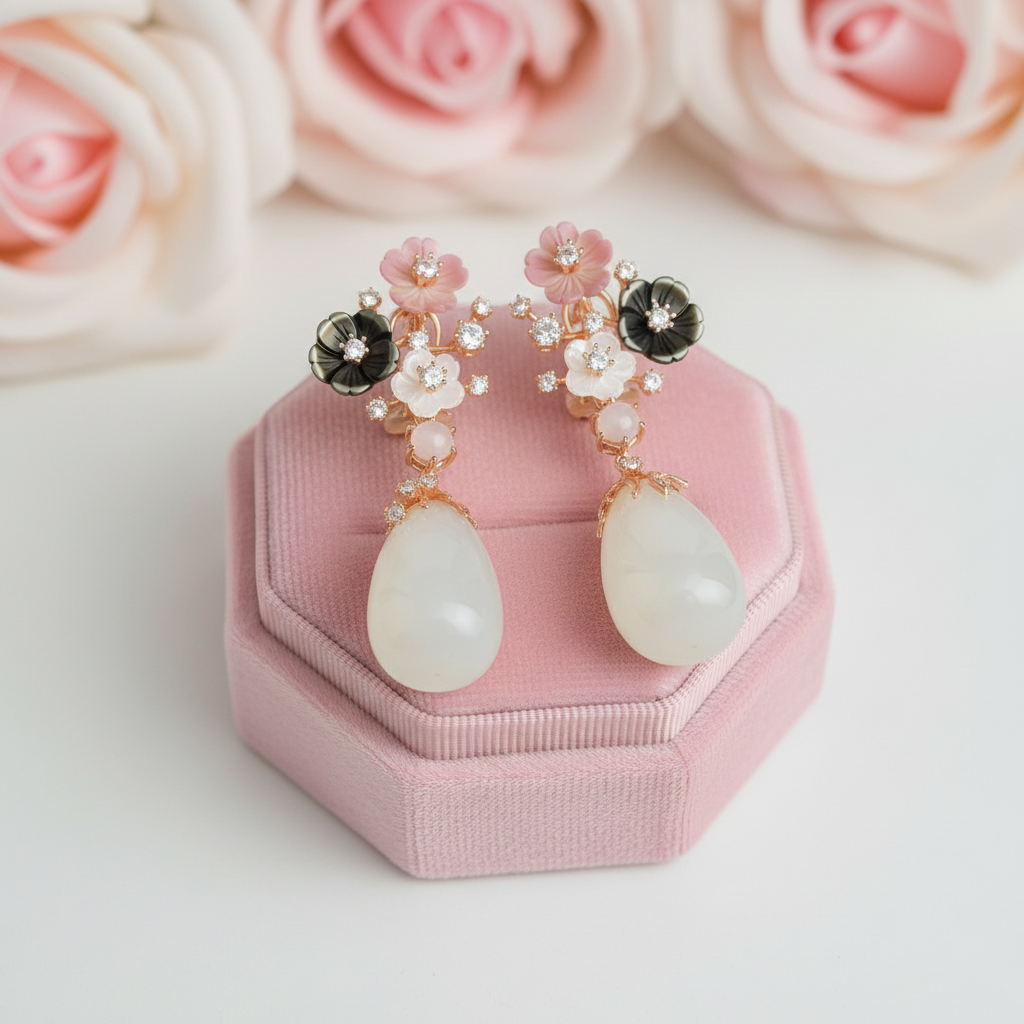 Vintage Natural Chalcedony Shell Flower Earrings-Black Diamonds New York