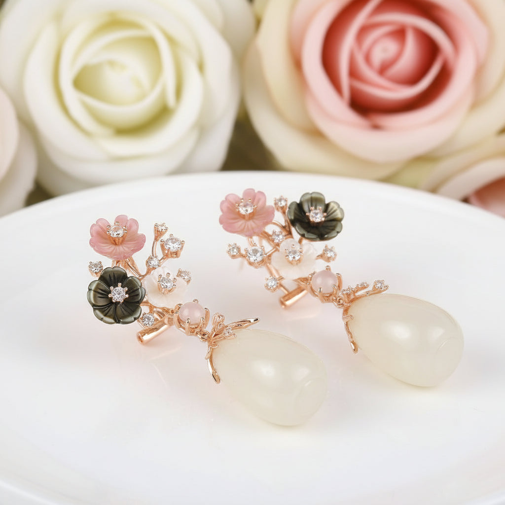 Vintage Natural Chalcedony Shell Flower Earrings-Black Diamonds New York