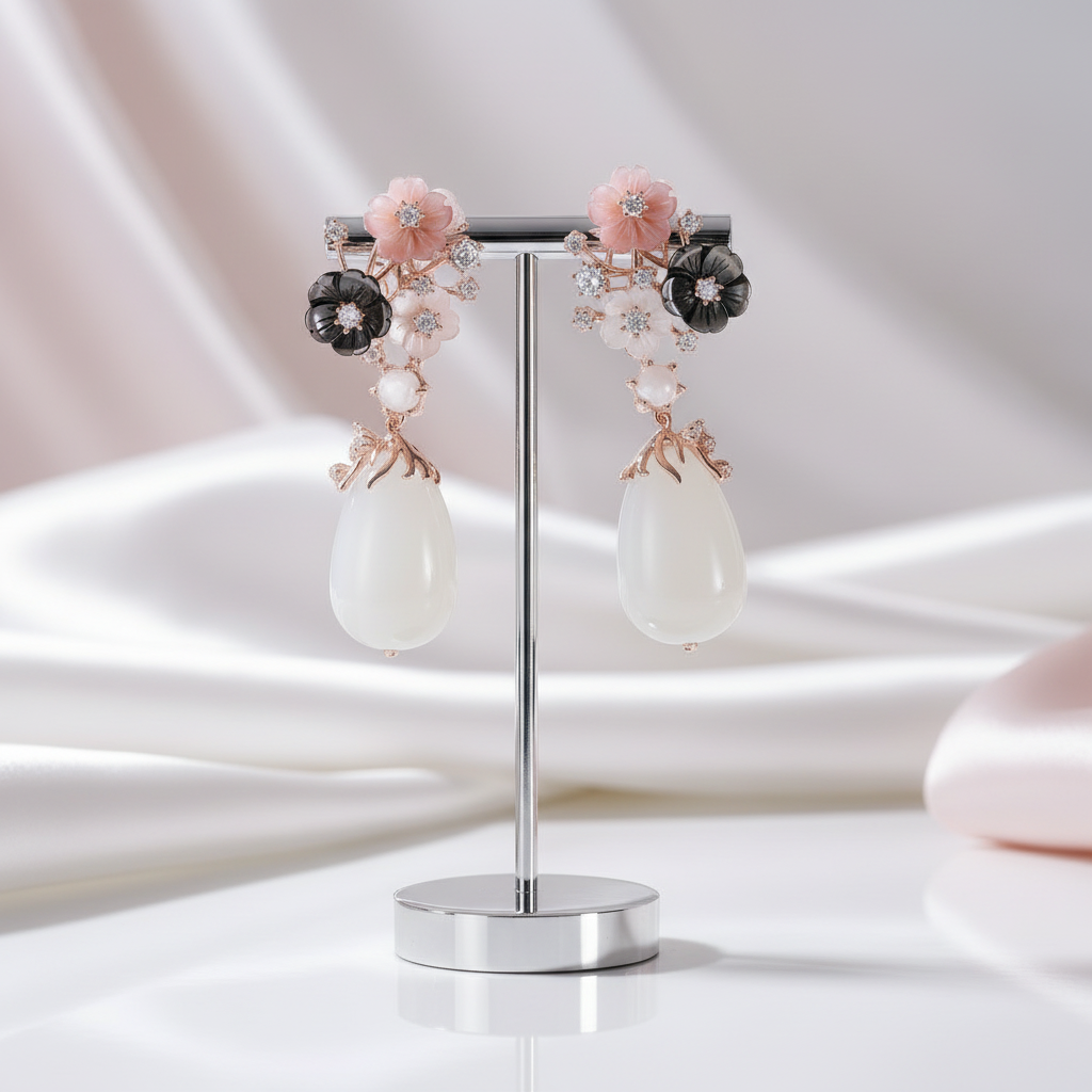 Vintage Chalcedony Shell Flower Earrings-Black Diamonds New York