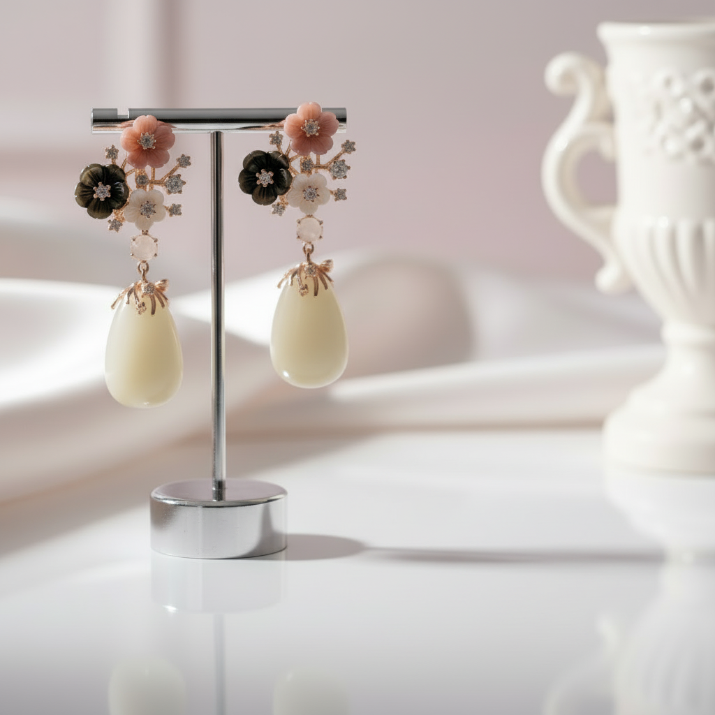 Vintage Chalcedony Shell Flower Earrings-Black Diamonds New York