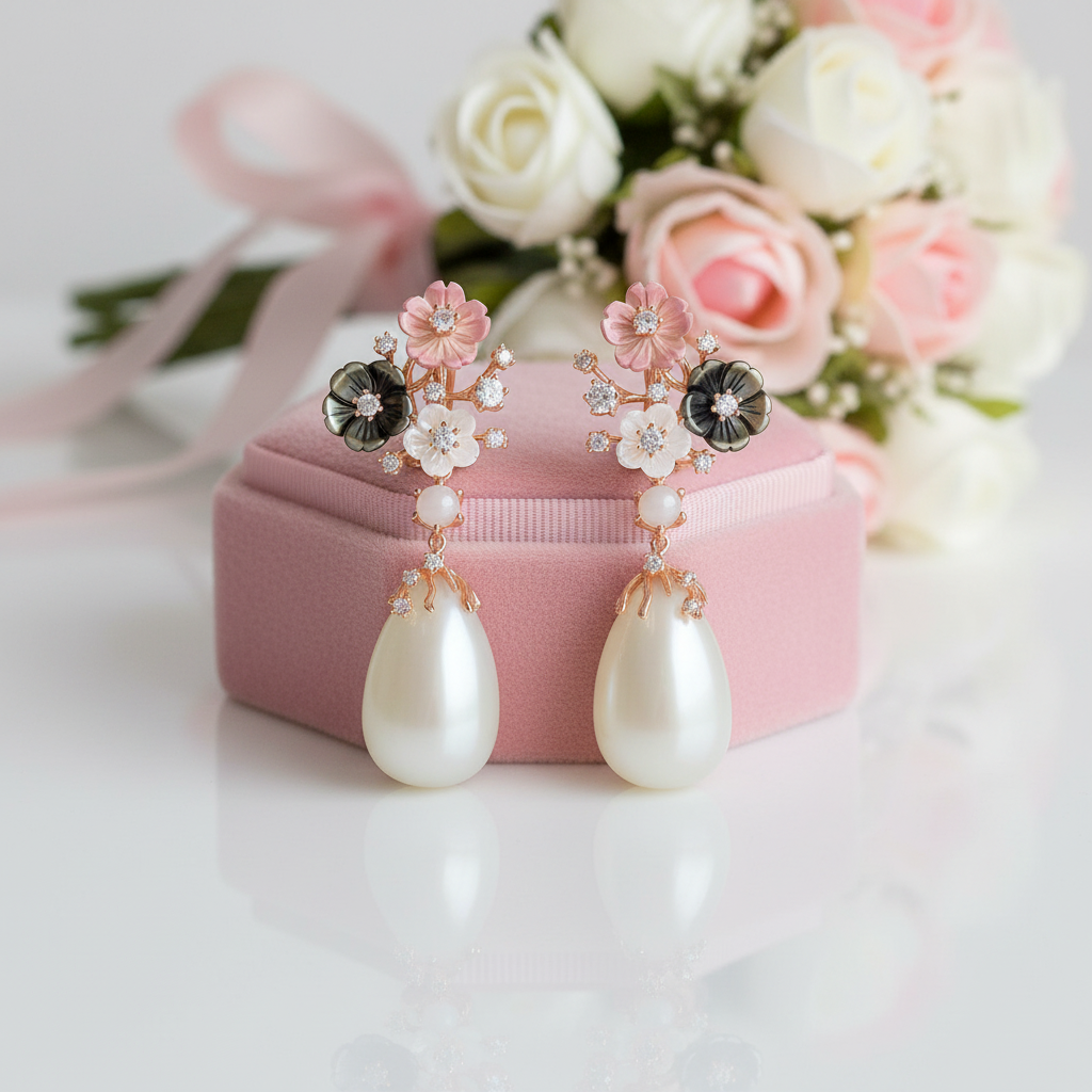 Vintage Chalcedony Shell Flower Earrings-Black Diamonds New York
