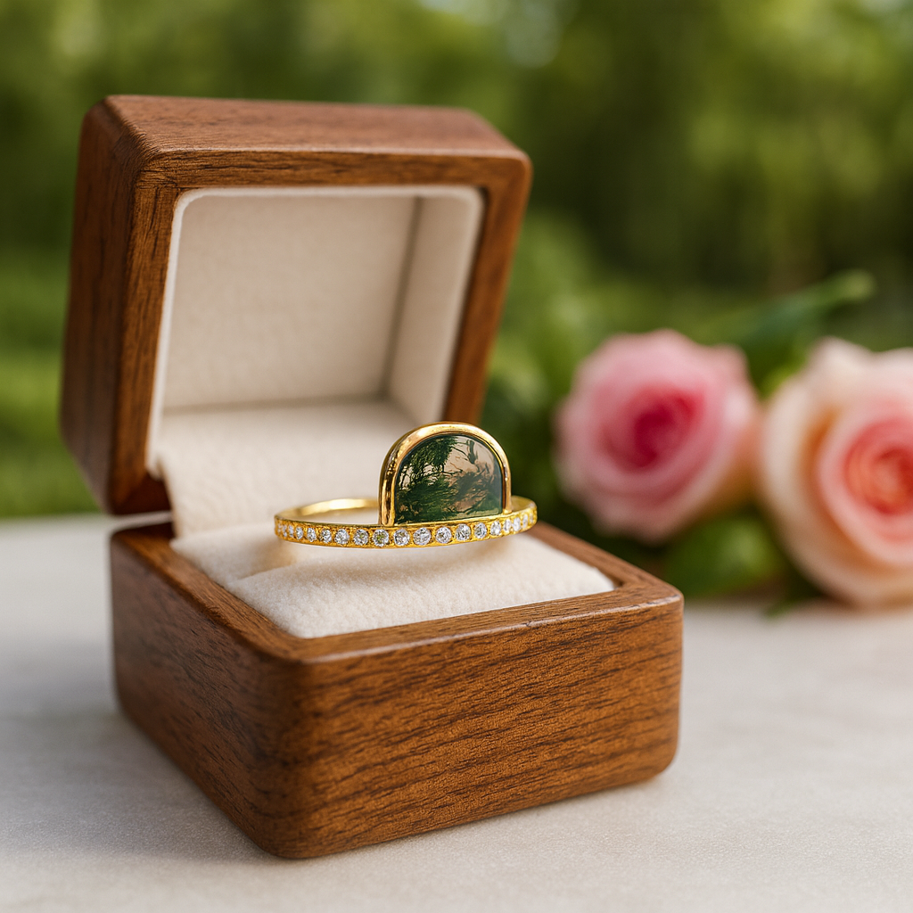 Vintage Natural Moss Agate Engagement Ring-Black Diamonds New York