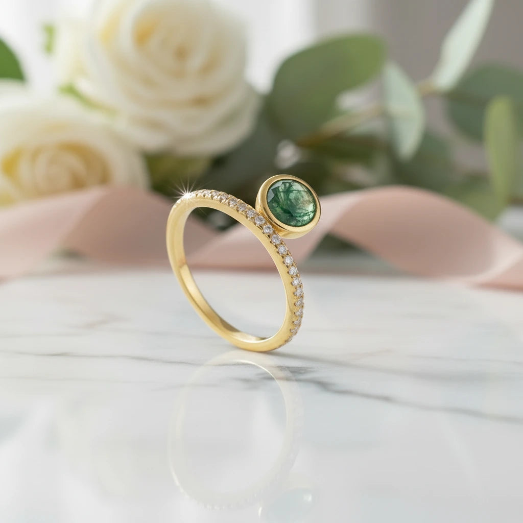 Vintage Natural Moss Agate Engagement Ring-Black Diamonds New York