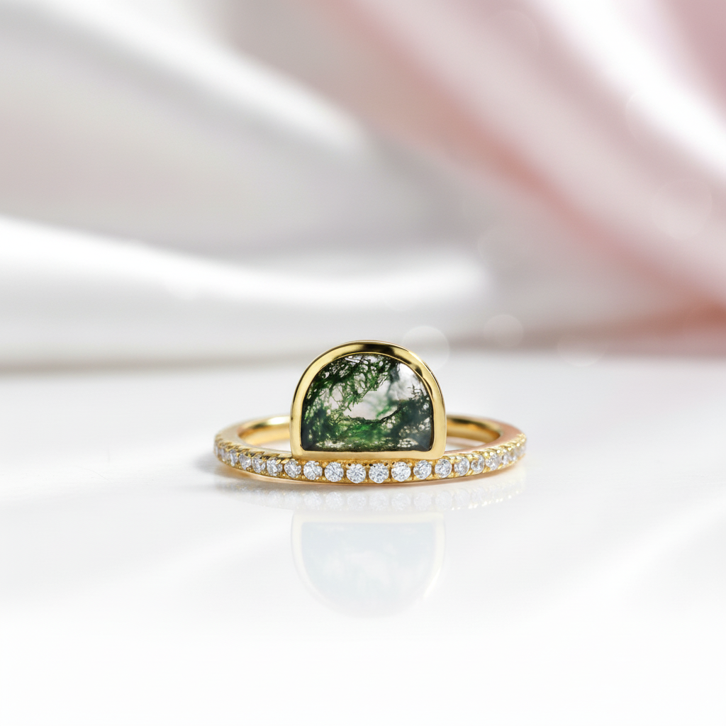 Vintage Natural Moss Agate Engagement Ring-Black Diamonds New York