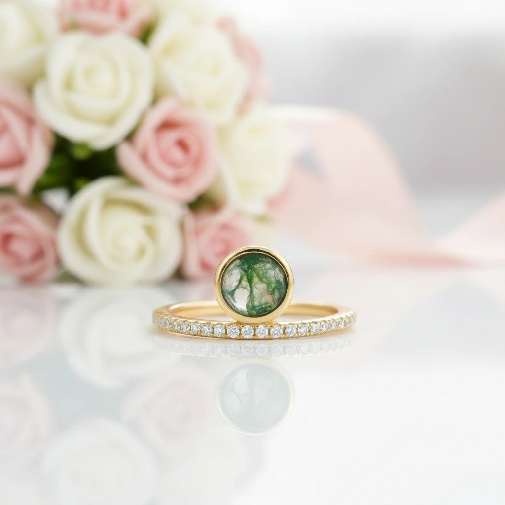 Vintage Natural Moss Agate Engagement Ring-Black Diamonds New York