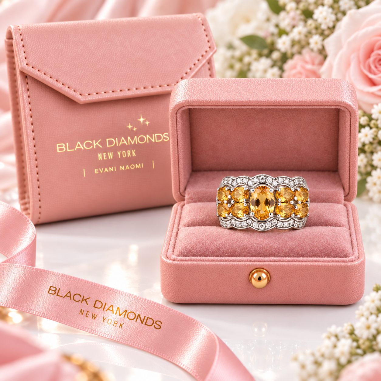 Vintage Option Oval Cut Create Citrine Gemstone Halo Ring-Black Diamonds New York