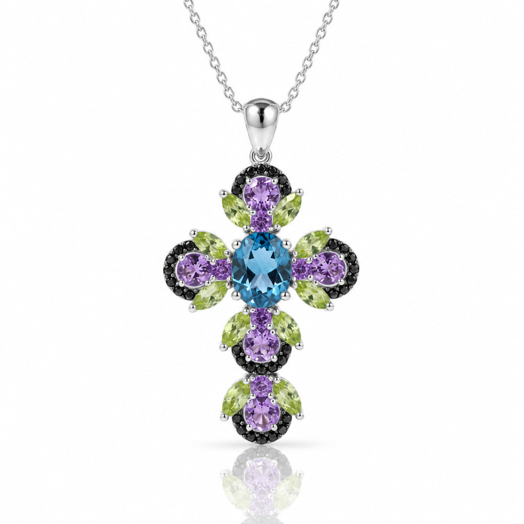 Vintage Oval-cut London Blue Topaz Cross Necklace-Black Diamonds New York