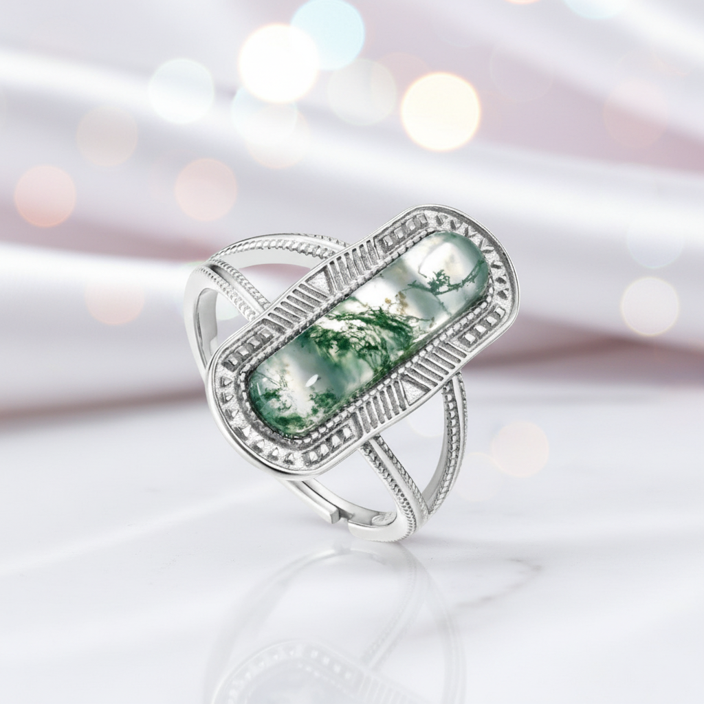 Vintage Oval Cut Moss Agate Promise Ring-Black Diamonds New York