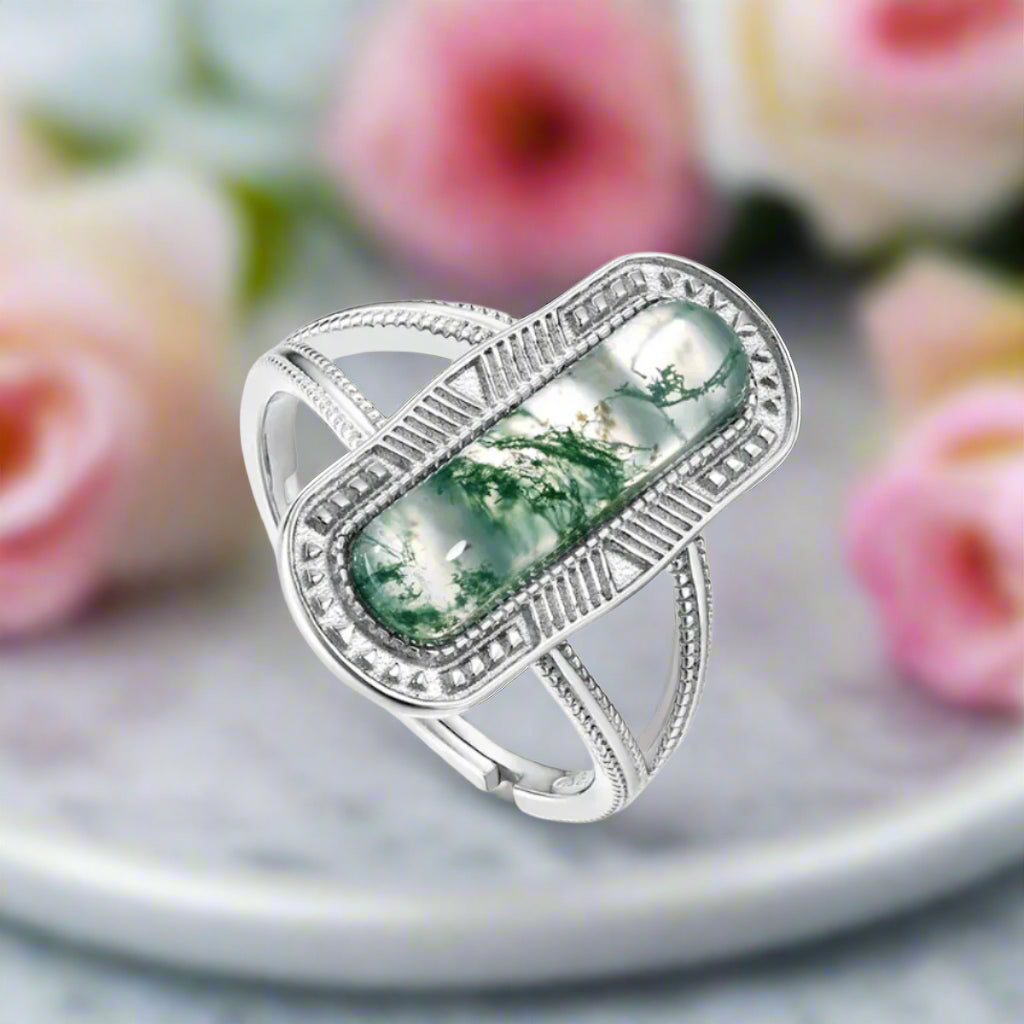 Vintage Oval Cut Moss Agate Promise Ring-Black Diamonds New York