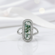 Vintage Oval Cut Moss Agate Promise Ring-Black Diamonds New York