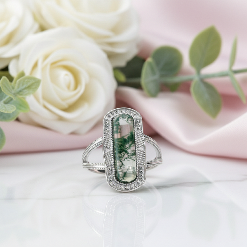 Vintage Oval Cut Moss Agate Promise Ring-Black Diamonds New York