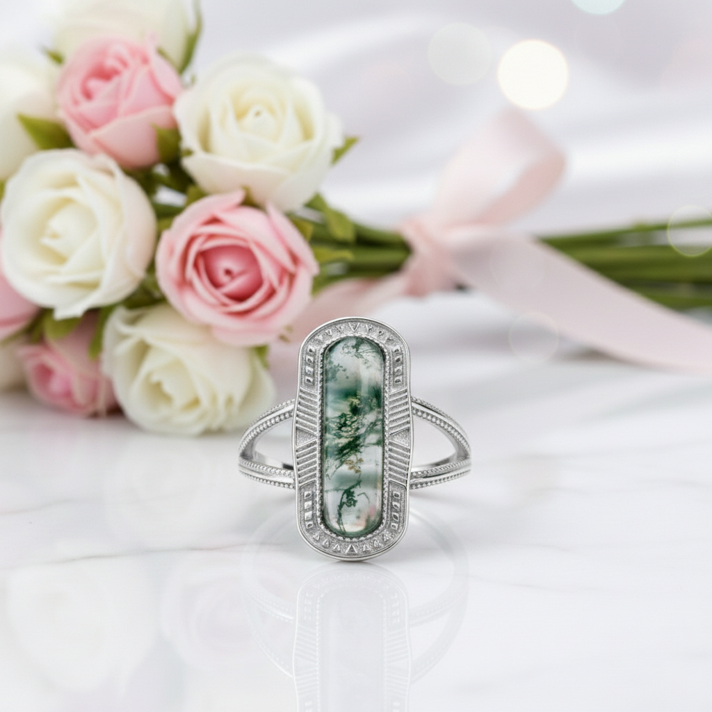 Vintage Oval Cut Moss Agate Promise Ring-Black Diamonds New York