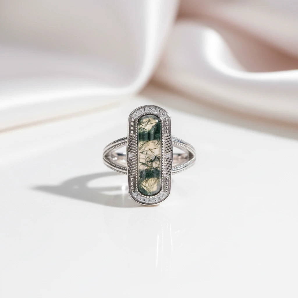 Vintage Oval Cut Moss Agate Promise Ring-Black Diamonds New York
