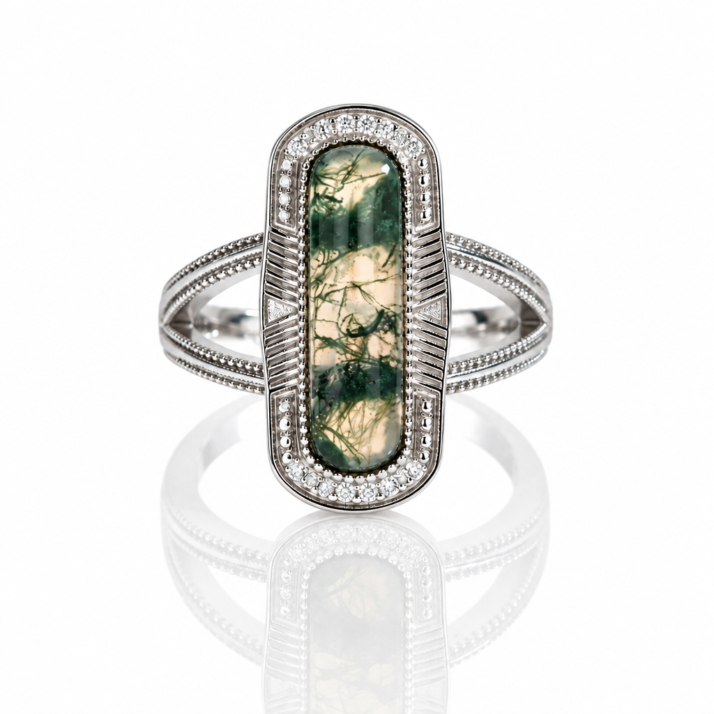Vintage Oval Cut Moss Agate Promise Ring-Black Diamonds New York