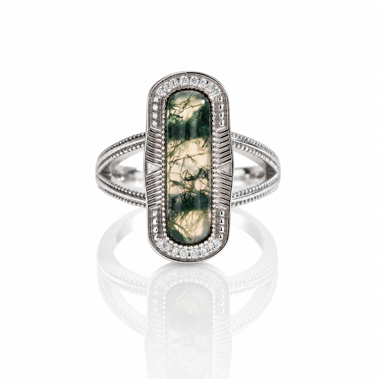 Vintage Oval Cut Moss Agate Promise Ring-Black Diamonds New York