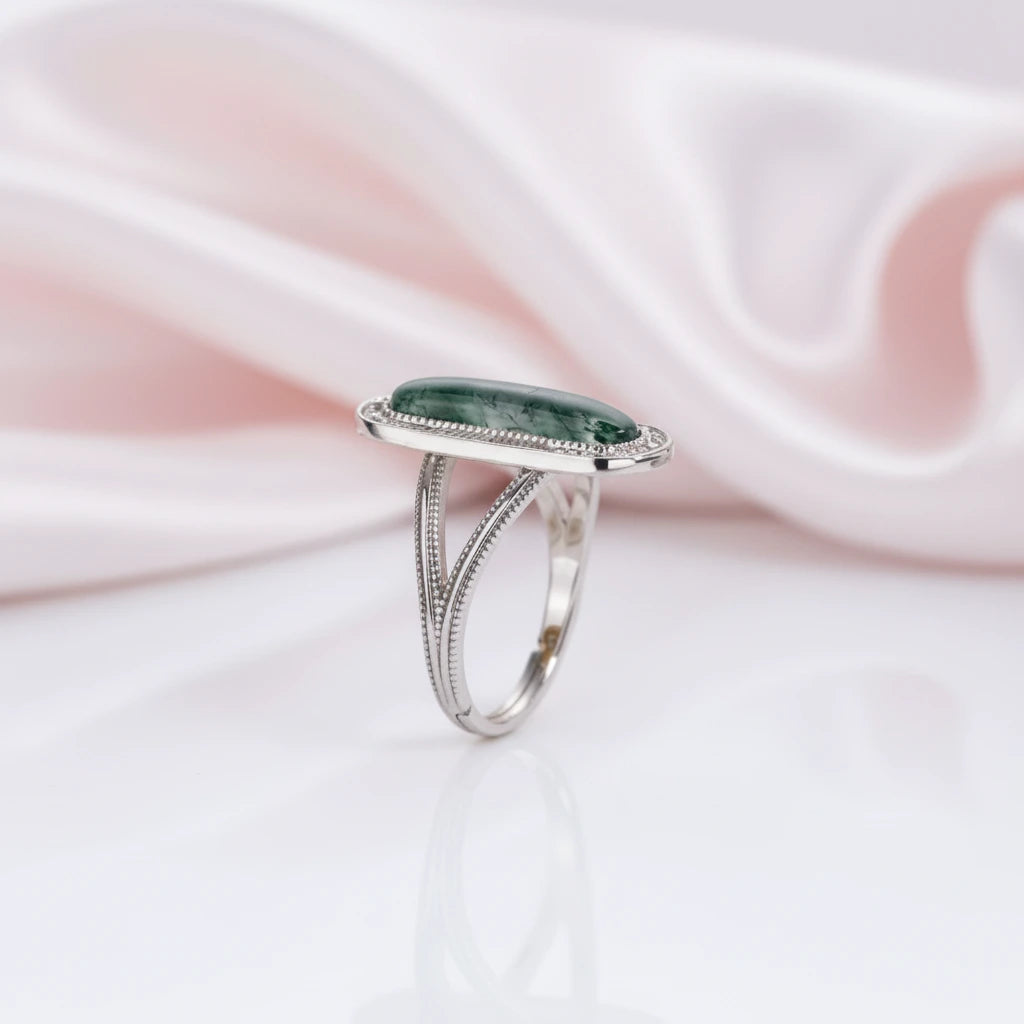 Vintage Oval Cut Moss Agate Promise Ring-Black Diamonds New York