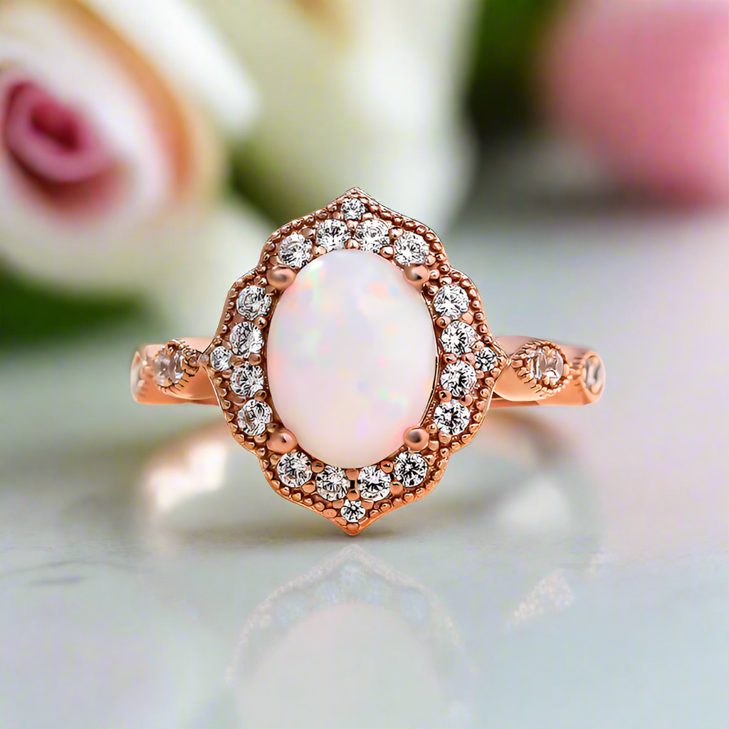 Vintage Rose Gold Oval Cut Opal Engagement Ring-Black Diamonds New York