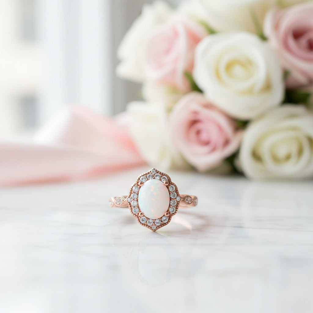 Vintage Rose Gold Oval Cut Opal Engagement Ring – Black Diamonds
