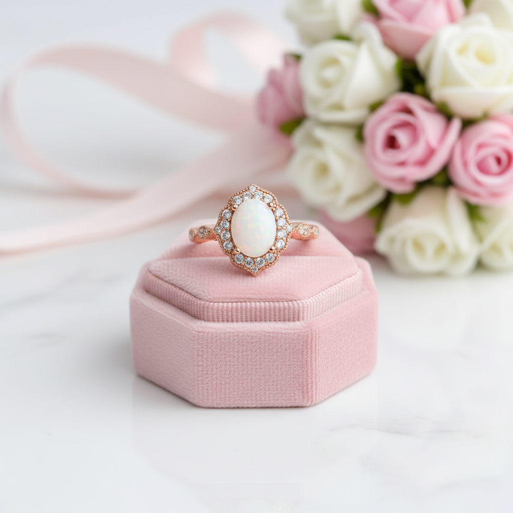 Vintage Rose Gold Oval Cut Opal Engagement Ring-Black Diamonds New York