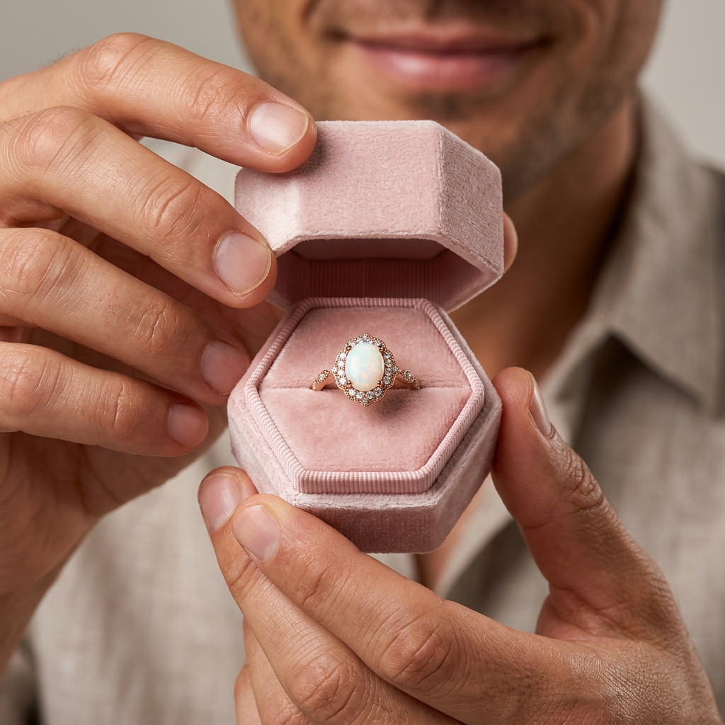 Vintage Rose Gold Oval Cut Opal Engagement Ring-Black Diamonds New York