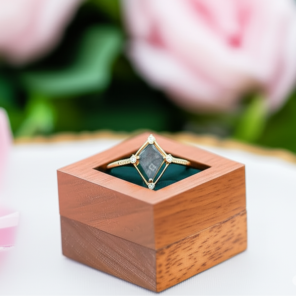 Vintage Style Kite Cut Natural Moss Agate Engagement Ring-Black Diamonds New York