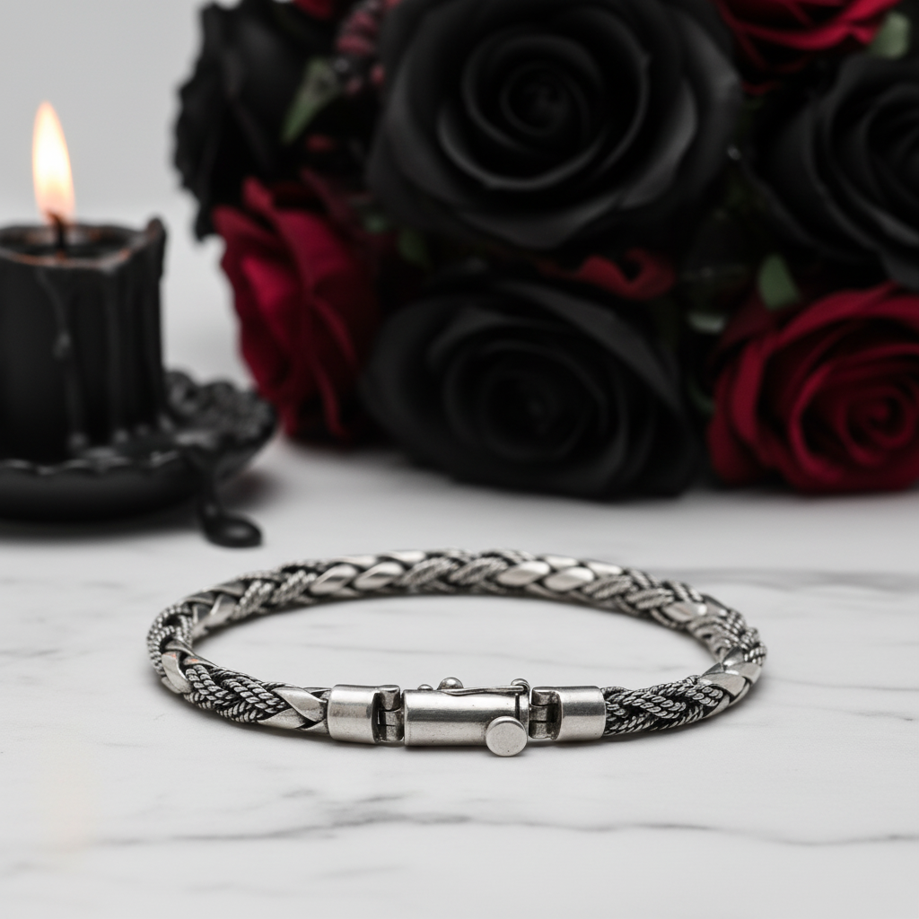Vintage Woven Whip Chain Men's Bracelet-Black Diamonds New York