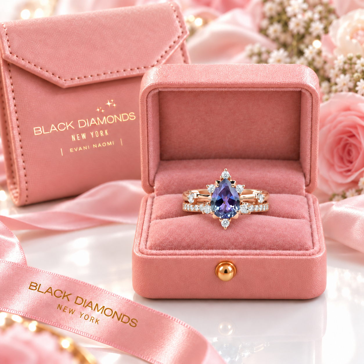 Pear Cut Alexandrite Water Drop Engagement Ring Set-Black Diamonds New York