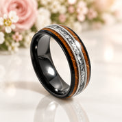 Whiskey Barrel Wood and Guitar Strings Inlay Tungsten Carbide Ring-Black Diamonds New York