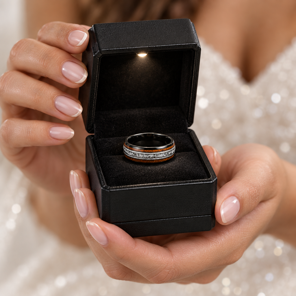 Whiskey Barrel Wood and Guitar Strings Inlay Tungsten Carbide Ring-Black Diamonds New York