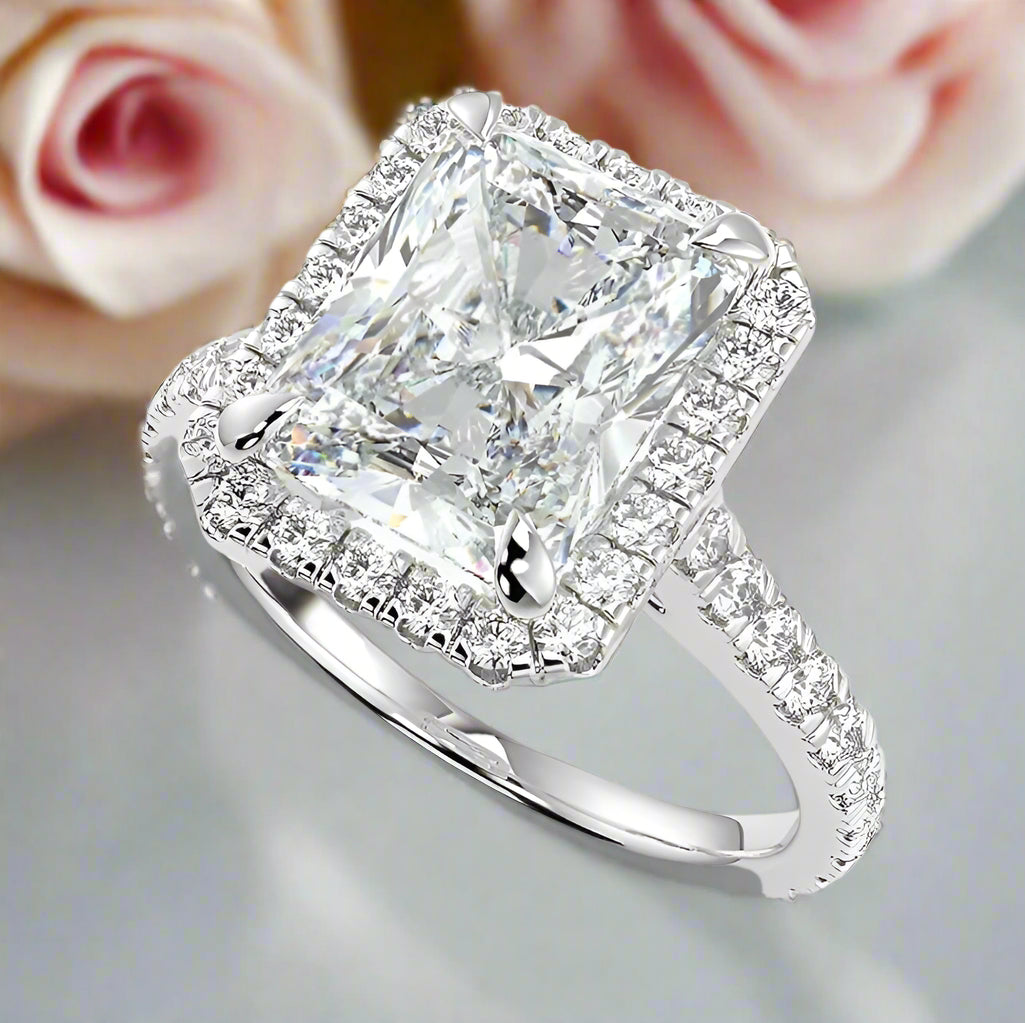 White Gold 6ct Radiant Cut Solitaire Halo Engagement Ring-Black Diamonds New York