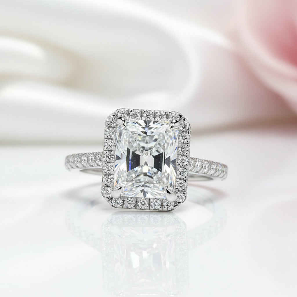 White Gold 6ct Radiant Cut Solitaire Halo Engagement Ring-Black Diamonds New York