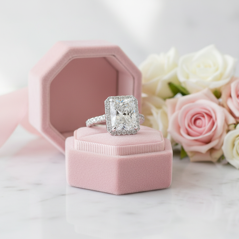 White Gold 6ct Radiant Cut Solitaire Halo Engagement Ring-Black Diamonds New York