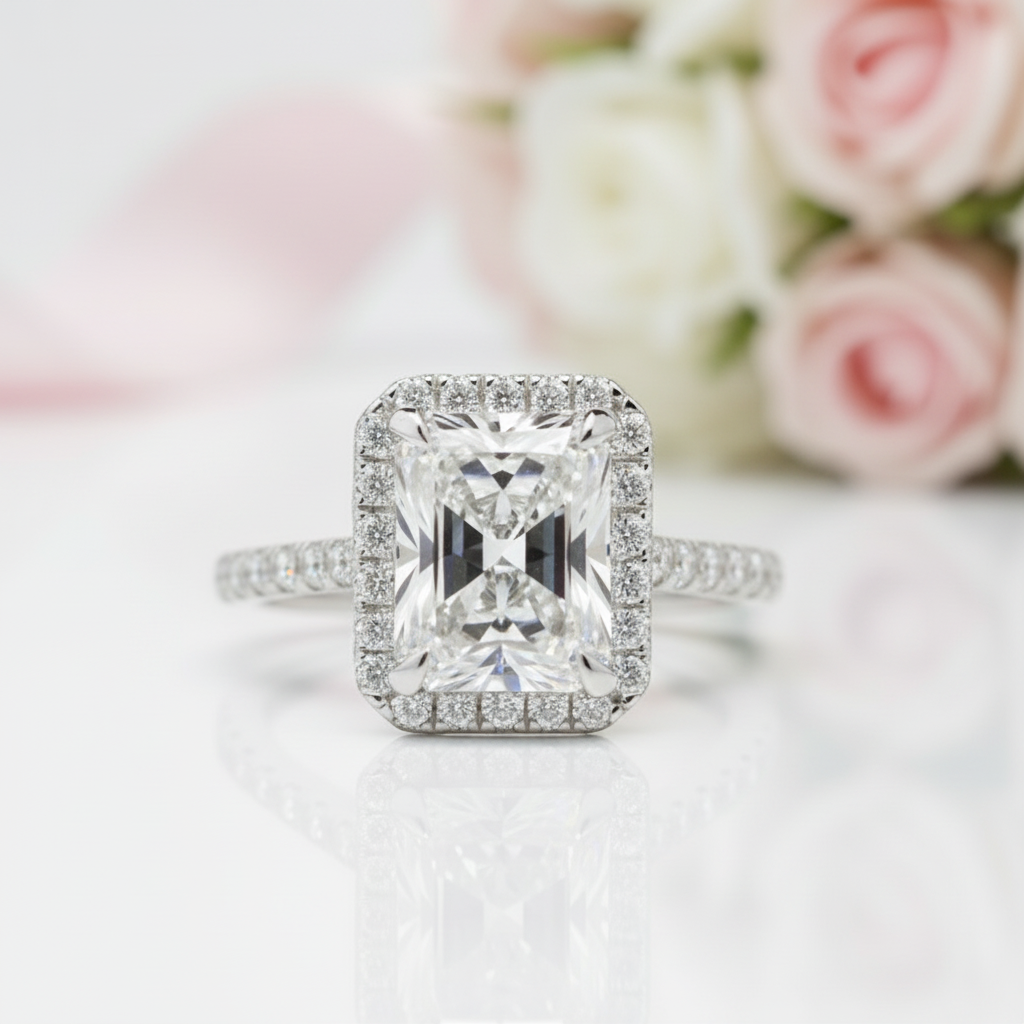 White Gold 6ct Radiant Cut Solitaire Halo Engagement Ring-Black Diamonds New York