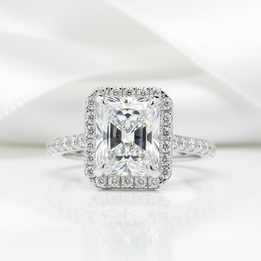 White Gold 6ct Radiant Cut Solitaire Halo Engagement Ring-Black Diamonds New York