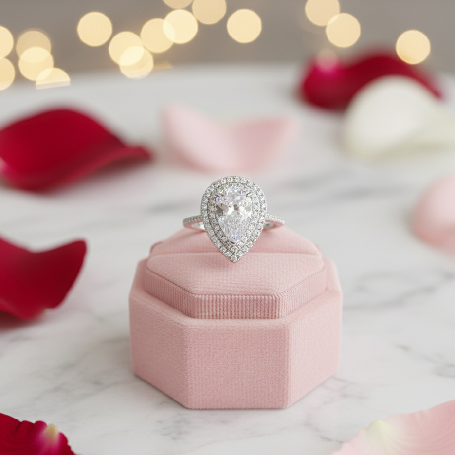 White Gold Double Halo Pear Cut Engagement Ring-Black Diamonds New York