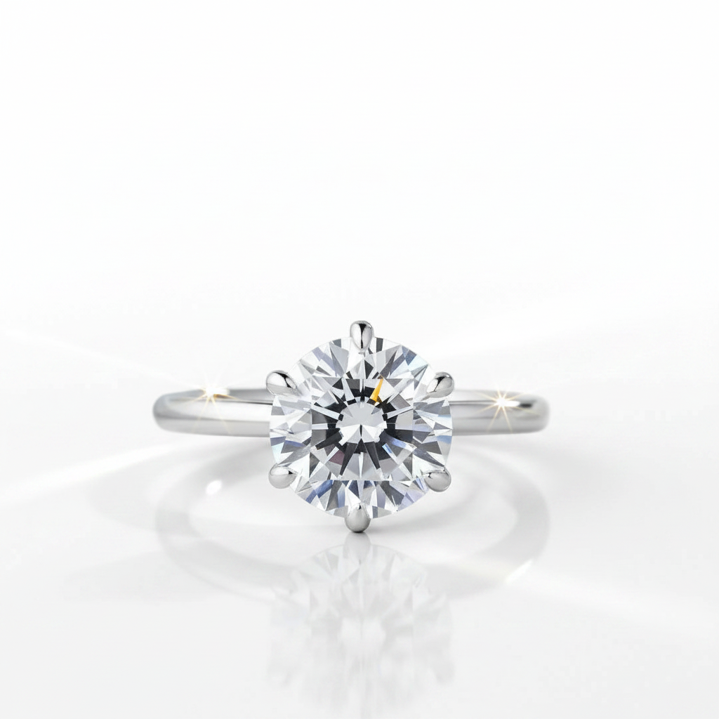 A classic solitaire engagement ring featuring a round brilliant-cut diamond set in a polished white gold or platinum band, shown on a clean white reflective surface.