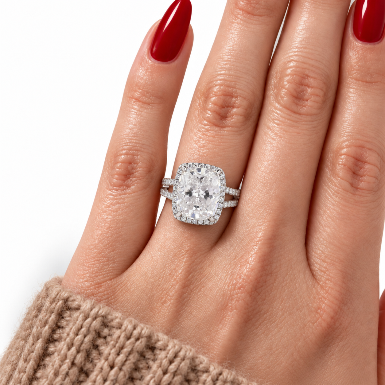 Luxurious Split Shank Halo Cushion Cut Engagement Ring-Black Diamonds New York