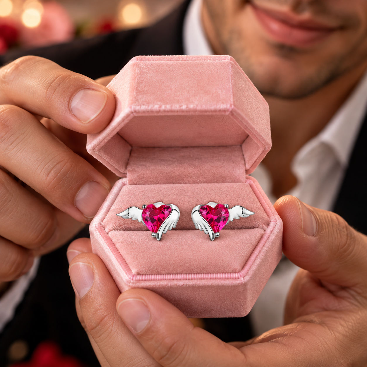 Angel & Devil Pink Heart Cut Diamond Option Stud Earrings-Black Diamonds New York