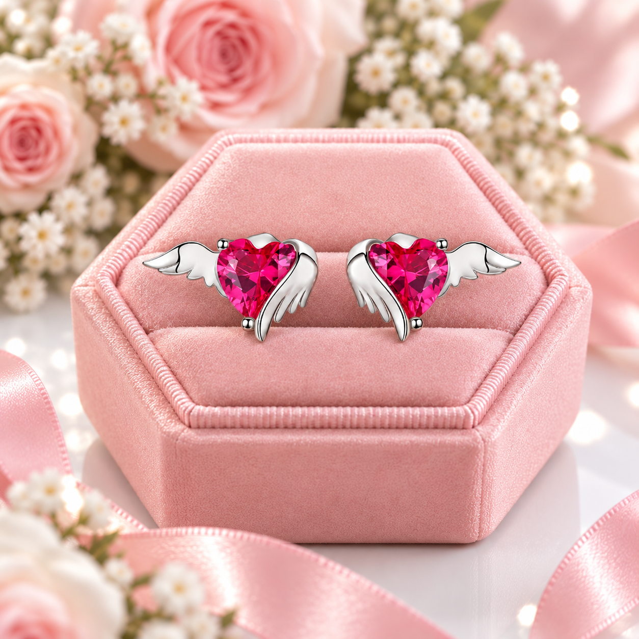 Angel & Devil Pink Heart Cut Diamond Option Stud Earrings-Black Diamonds New York