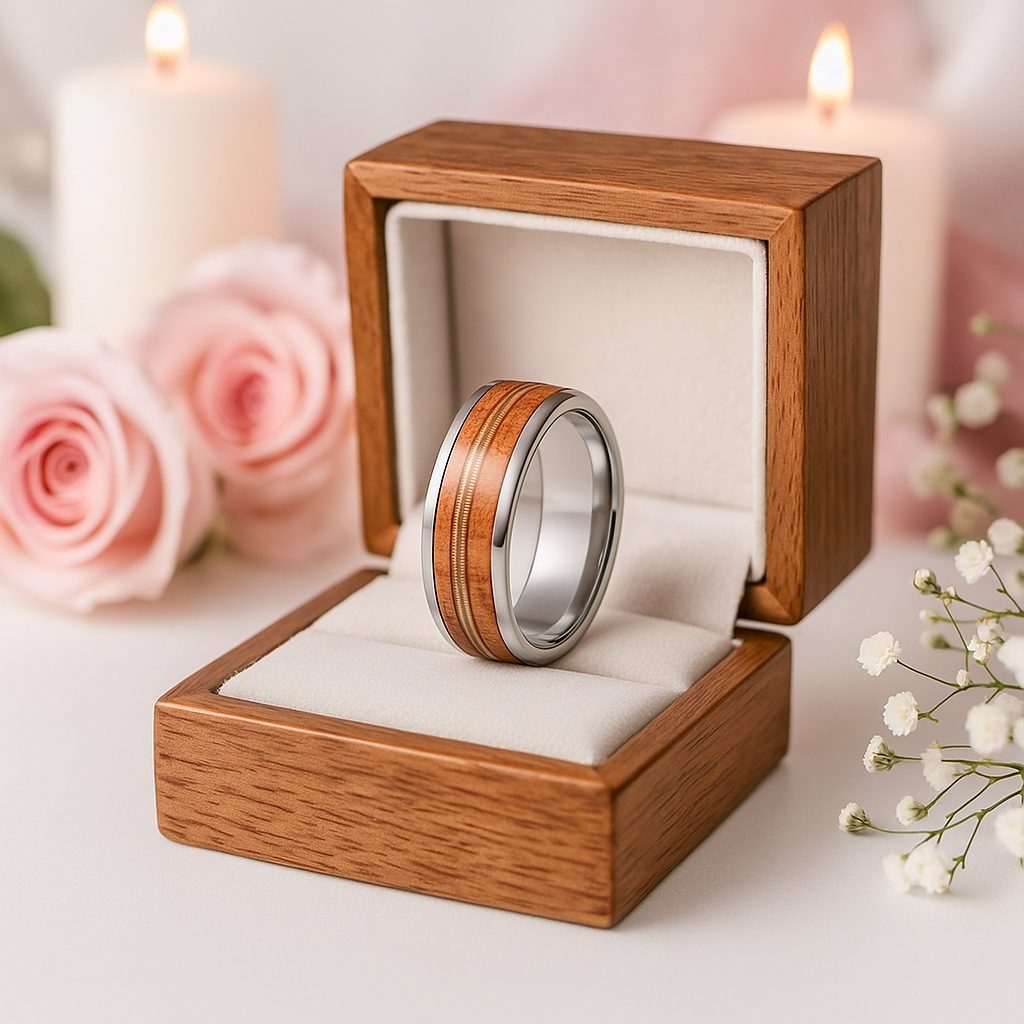 Wood Guitar String Tungsten Men's Wedding Band – Black Diamonds