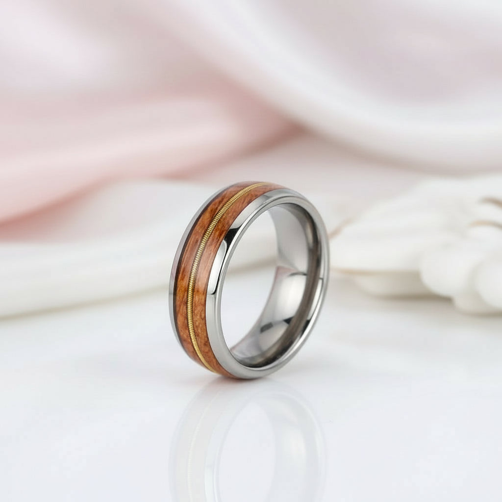 Wood & Guitar String Tungsten Men's Wedding Band-Black Diamonds New York