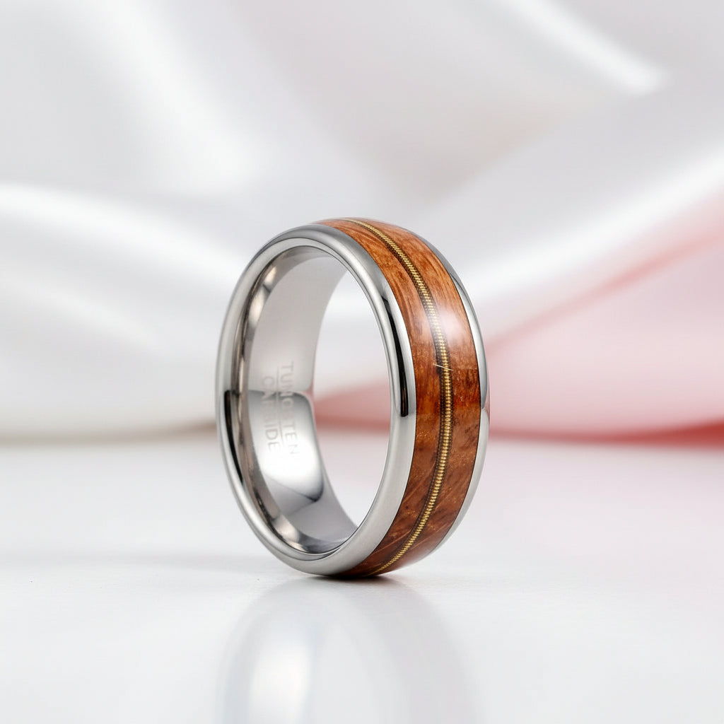 Wood & Guitar String Tungsten Men's Wedding Band-Black Diamonds New York