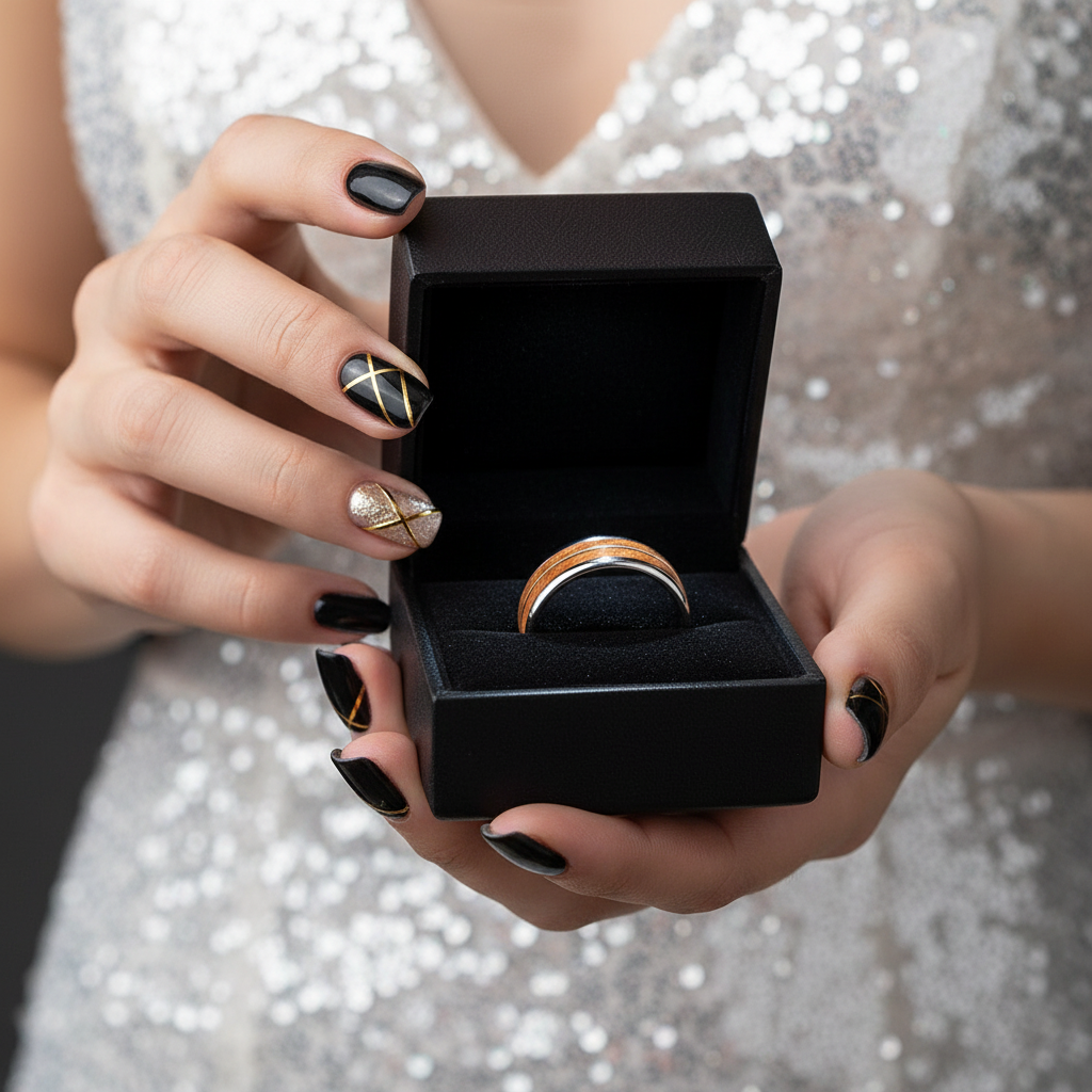 Wood & Guitar String Tungsten Men's Wedding Band-Black Diamonds New York