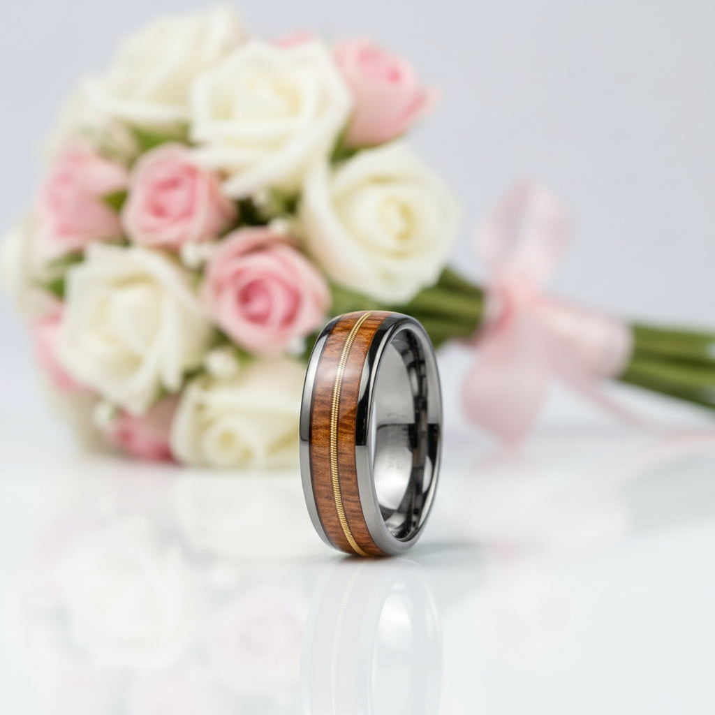 Wood & Guitar String Tungsten Men's Wedding Band-Black Diamonds New York